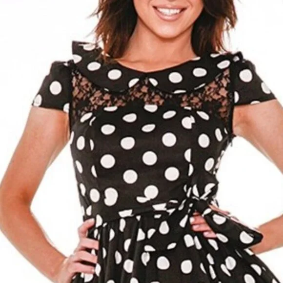Hearts & Roses London Black White Polka Dot Lace Cap Sleeve Swing Dress EUC 14 - Picture 3 of 7
